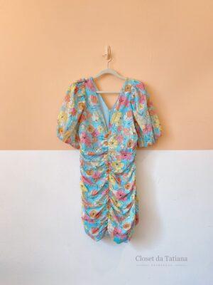 Vestido Azul Flores Manga Cris Barros | Tam: 36