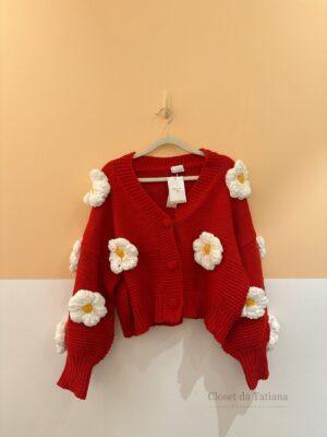 Casaco Tricot Vermelho Flores Mom Pwr | Tam: P