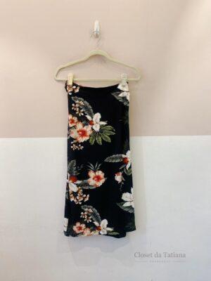 Saia Midi Canelada Preta Floral Farm | Tam: M
